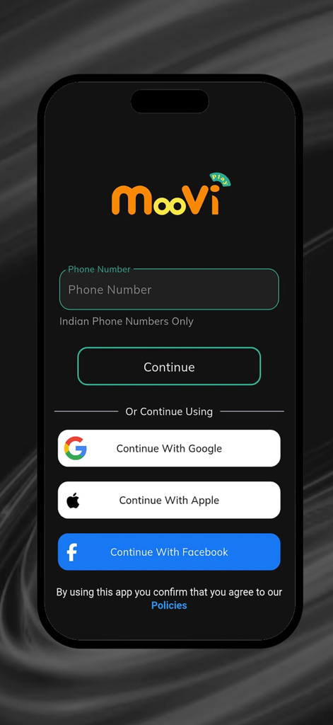 Login screen for Moovi Play streaming app featuring phone number input and social login buttons for Google Apple and Facebook