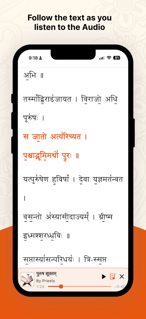 Vignanam app interface displaying synchronized Sanskrit text and audio player for chanting Purusha Suktam