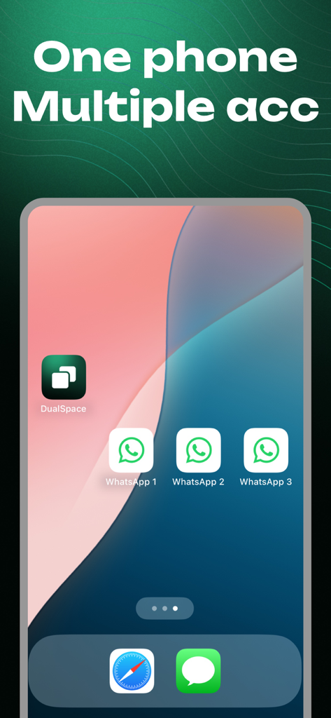 Dual Space - Parallel Space - L'app Dual Space che mostra tre icone separate di account WhatsApp su una schermata iPhone