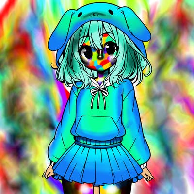 pretty anime girl wearing a fluffy hoodie with bunny ears on the hood and a skirt