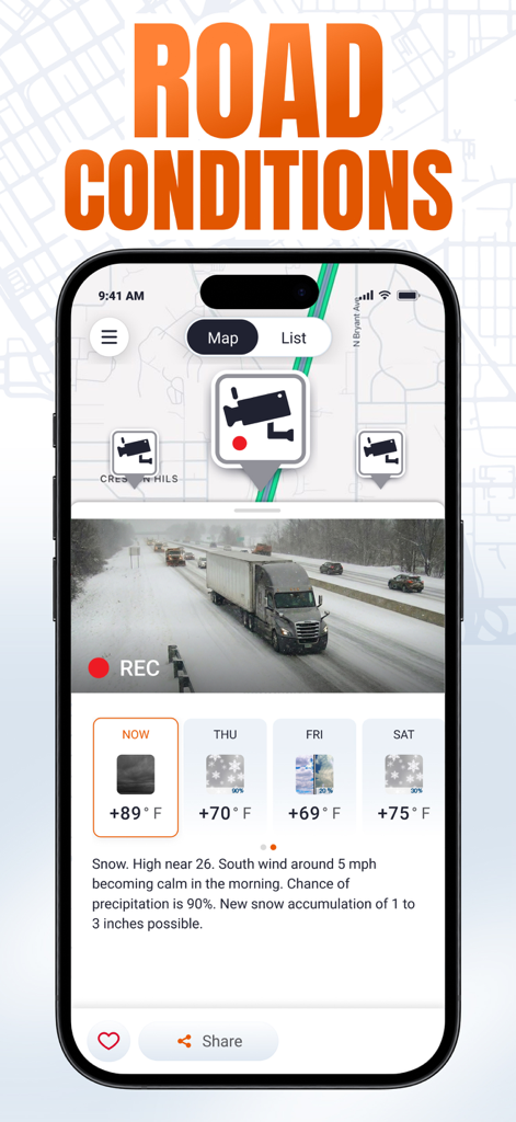 Trucker Guide app interface showing live traffic camera footage of a truck on a snowy highway and weather forecast info