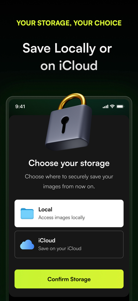 Encamera Encrypted Photo Vault - Pantalla de la aplicación Encamera que muestra opciones para guardar fotos encriptadas localmente o en iCloud.