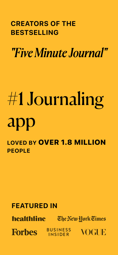 Promotional screen for the Five Minute Journal app highlighting its status as the number one journaling app with media endorsements