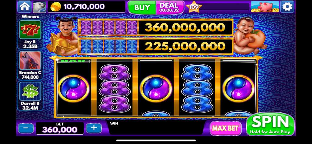 Spin Vegas Slots: VIP Casino - Asian themed slot machine interface featuring lucky fortune babies and yin yang symbols