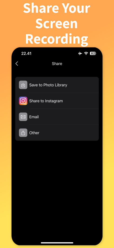 Screen Capture・Game Recorder - Interface showing options to share screen recordings to Instagram email or save to photo library