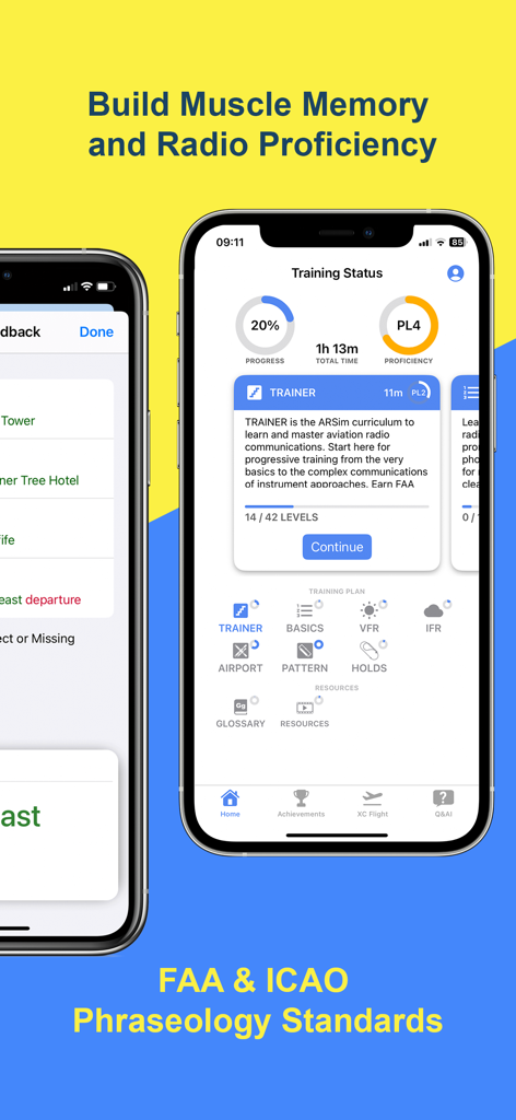 PlaneEnglish ARSim app showing pilot training progress and radio proficiency metrics