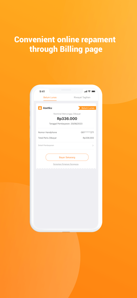 未払い残高と返済オプションが表示されたAsetKuデジタル融資アプリの請求ページ