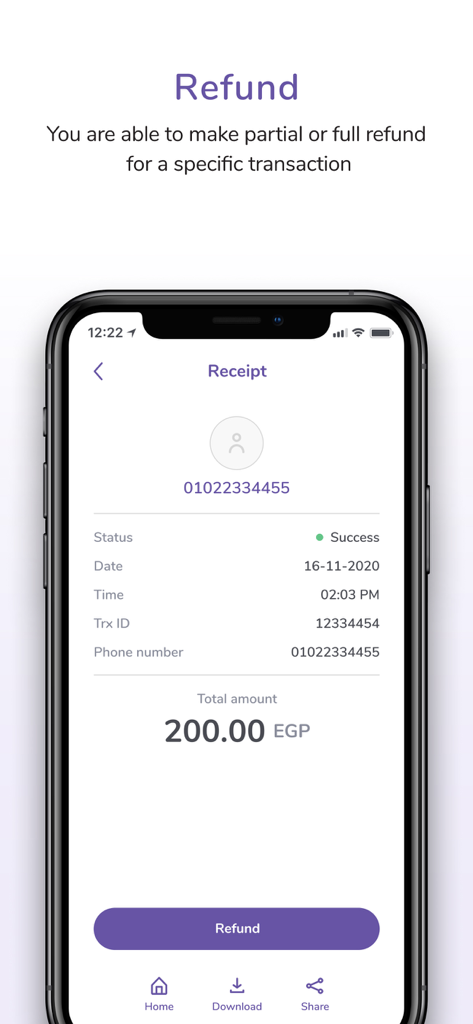 EasyCash Merchant - Tela do aplicativo EasyCash Merchant mostrando um recibo de transação digital com um botão roxo de reembolso