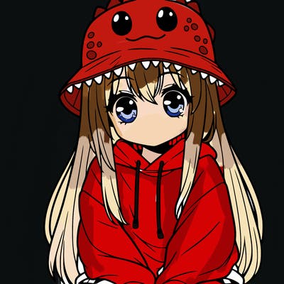 girl with anime shaped eyes with a dinosaur bucket hat oversized sweatshirt long straight hair