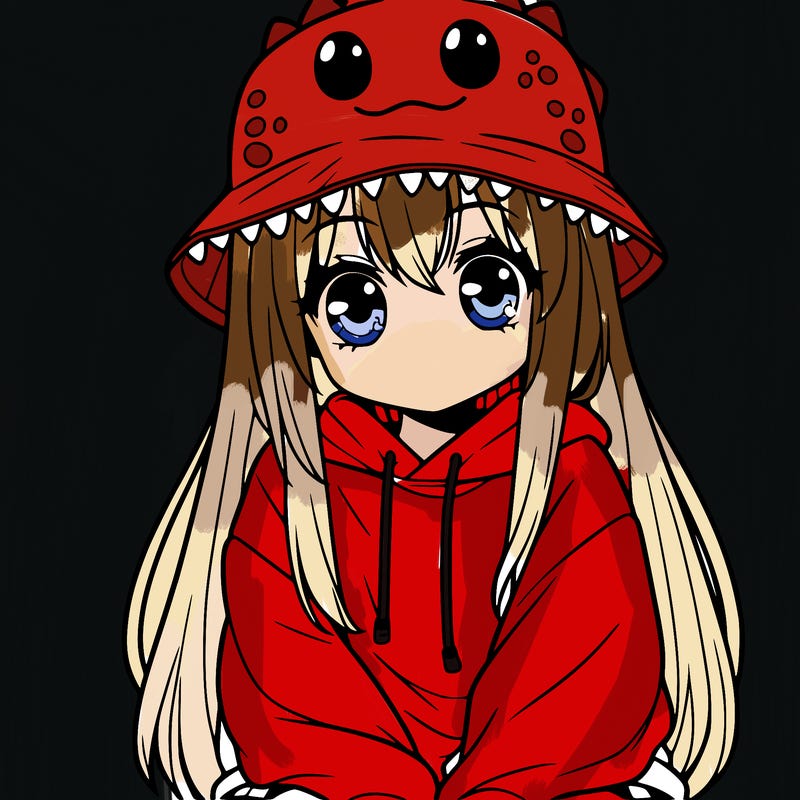 girl with anime shaped eyes with a dinosaur bucket hat oversized sweatshirt long straight hair