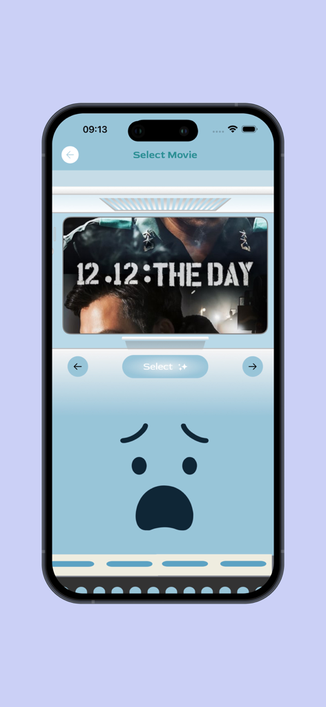 映画ポスター（12.12 THE DAY）と、気分ベースの発見のための大きな青い驚いた顔のアイコンが表示されたモバイルアプリ画面。