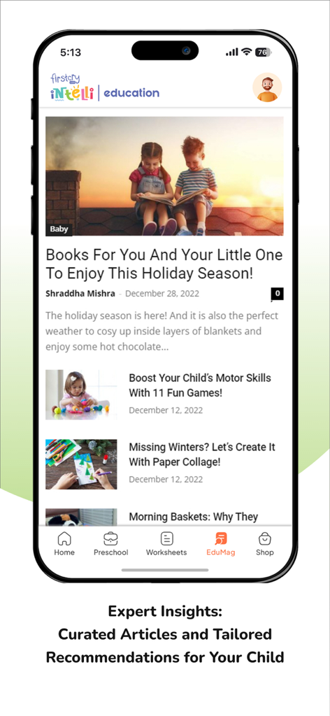 FirstCry Intelli Education - Screenshot of the FirstCry Intelli Education app EduMag section featuring curated articles and expert parenting insights for early childhood development.
