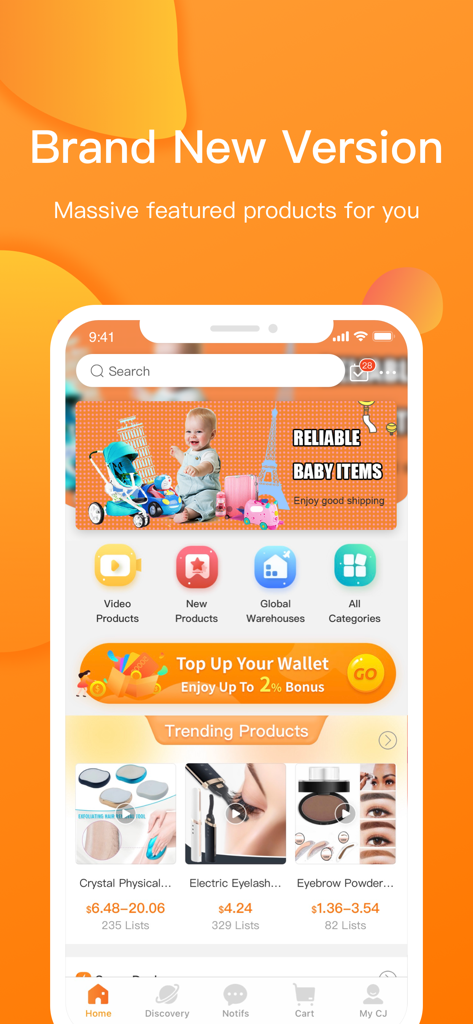 CJdropshipping app interface showing trending products and global sourcing tools.