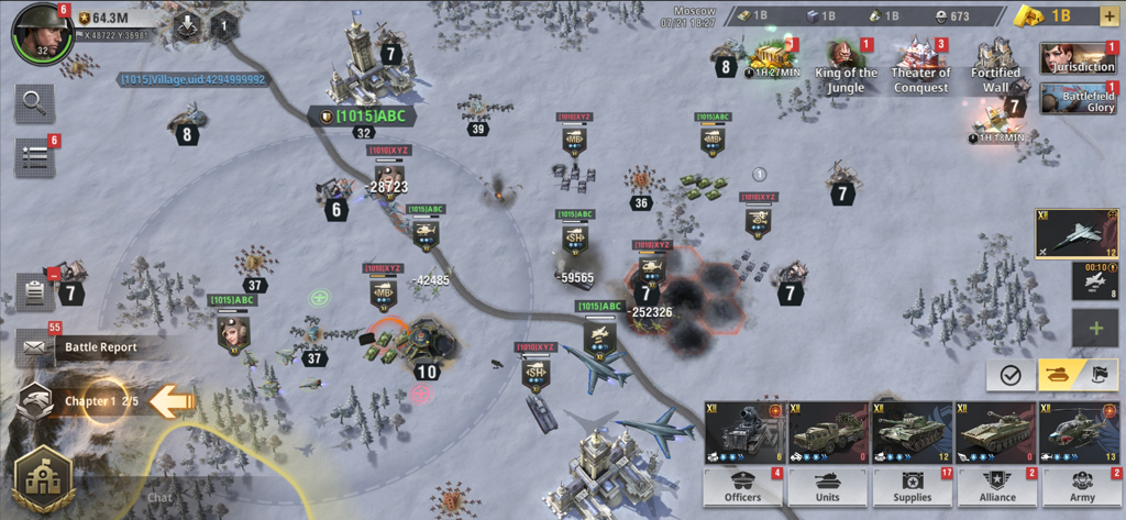 Warpath: Ace Shooter - Mappa tattica di strategia in tempo reale in Warpath Ace Shooter che mostra carri armati e aerei in combattimento su un campo di battaglia innevato