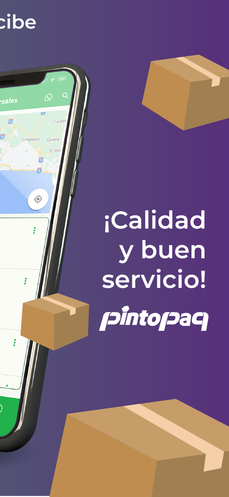 Pintopaq courier app on a smartphone with delivery boxes and Spanish tagline for quality service