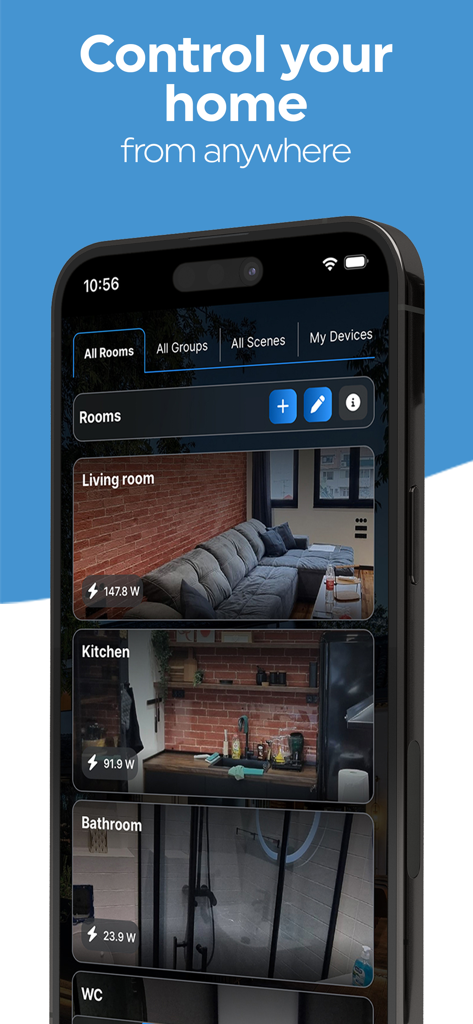 Shelly Smart Control App-Dashboard mit Wohnräumen und Echtzeit-Energieüberwachung