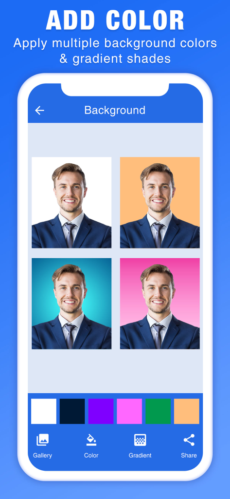 A mobile interface for an ID photo maker app showing four variations of a professional headshot with different background colors and gradients.