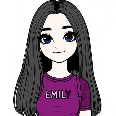 realistic girl with long ish straight hair with a shirt that says emily