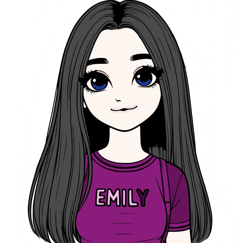 realistic girl with long ish straight hair with a shirt that says emily