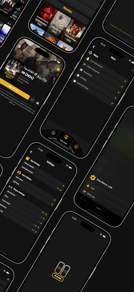 000 Player - Eine Collage von 000 Player Screenshots, die Filmdetails, das Einstellungsmenü und die Kategorie-Navigation auf einer dunklen Oberfläche zeigen.