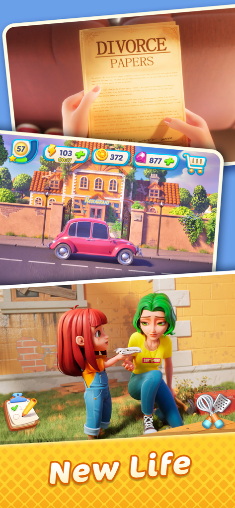 Scènes de jeu de Gossip Harbor montrant des papiers de divorce, l'extérieur d'un restaurant et des personnages commençant une nouvelle vie