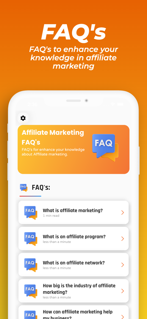 Learn Affiliate Marketing ProアプリのFAQ画面。アフィリエイト業界に関する一般的な質問と回答がリストされています。