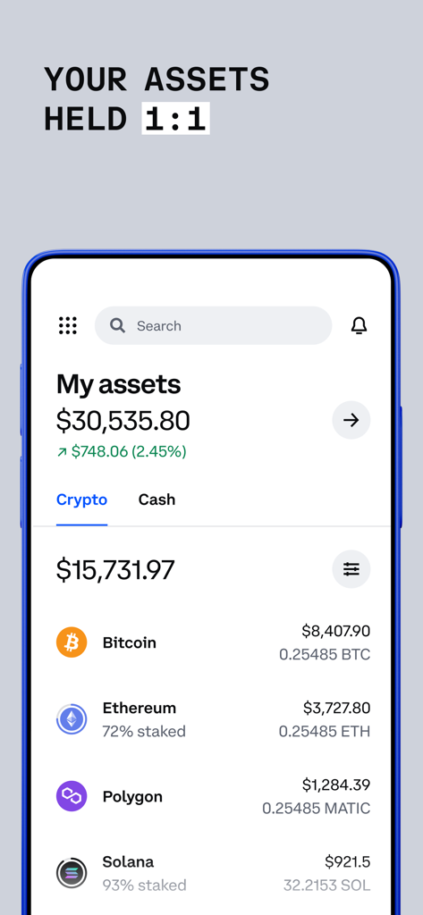 Coinbase: Buy BTC, ETH, SOL - Interfaz de la aplicación móvil Coinbase que muestra una cartera de criptomonedas con el saldo total y las tenencias de activos individuales como Bitcoin y Ethereum
