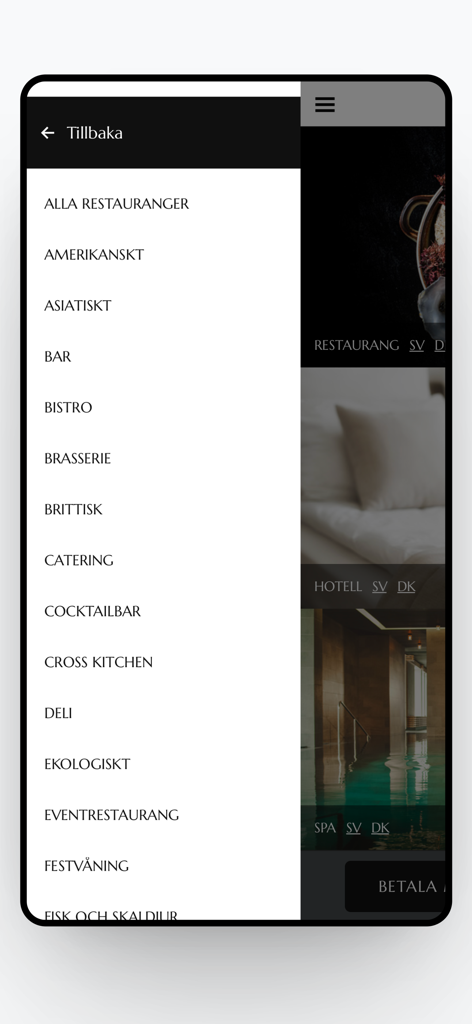 RestaurangGuiden's Gift Card - Mobile app menu showing various restaurant categories such as American Asian and Bistro