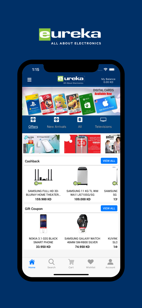 Eureka Electronics app home screen displaying deals on gadgets and appliances