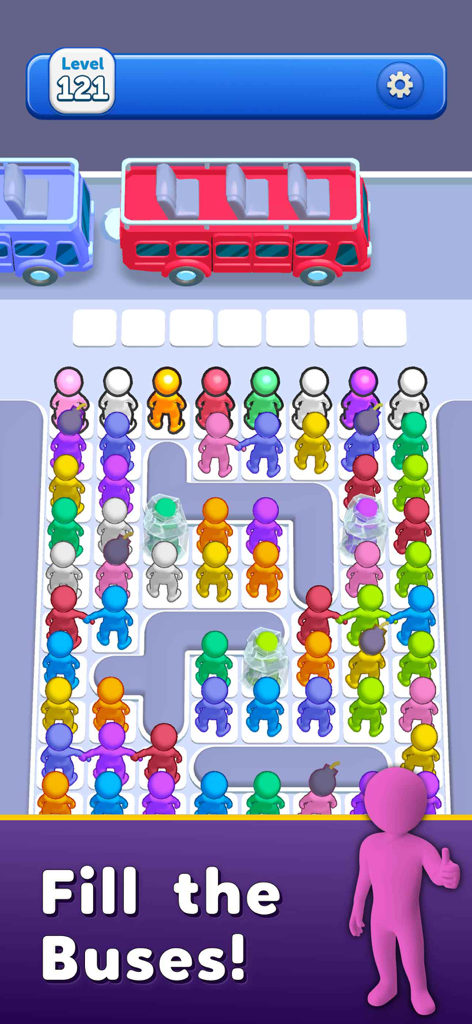 Bus Jam game screen showing colorful passengers being sorted into matching colored buses at level 121