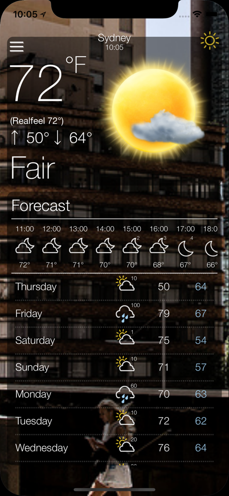 A screenshot of the Weather app interface displaying a 72 degree Fahrenheit temperature in Sydney with hourly and weekly forecasts over a city background.