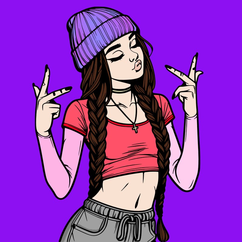 realistic teenage girl with braids and a beanie and crop top doing 🫶🏼