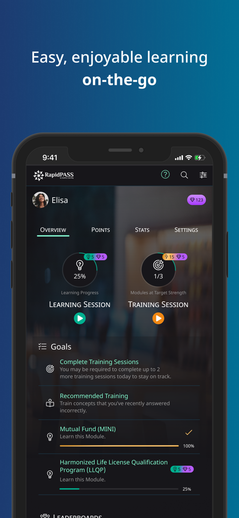 RapidPASS - RapidPASS app dashboard showing learning progress and study goals.