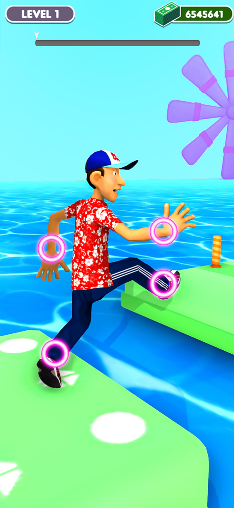 Slow Mo Action Run Fight Game - 물 위 플랫폼 사이에서 슬로우 모션 점프를 하고 있는 빨간 꽃무늬 셔츠를 입은 캐릭터