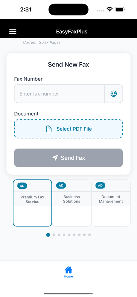Easy Fax Plus - La pantalla Enviar nuevo fax de la aplicación Easy Fax Plus que muestra campos de entrada para un número de fax y un botón de selección de PDF