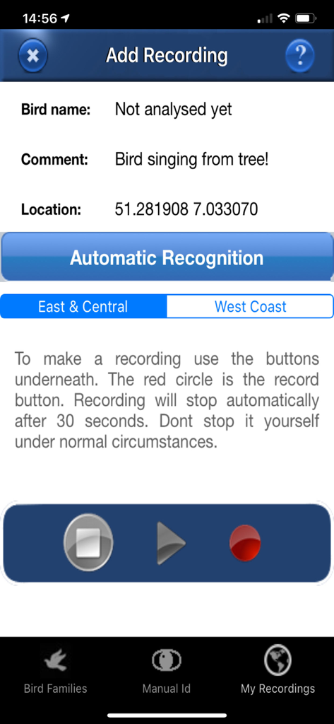 Bird Song Id USA songs & calls - Interfaccia per la registrazione dei canti degli uccelli nell'app Bird Song Id USA con funzione di riconoscimento automatico