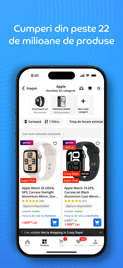 Mobile screenshot of the eMAG app showing search results for Apple Watches with pricing and installment options