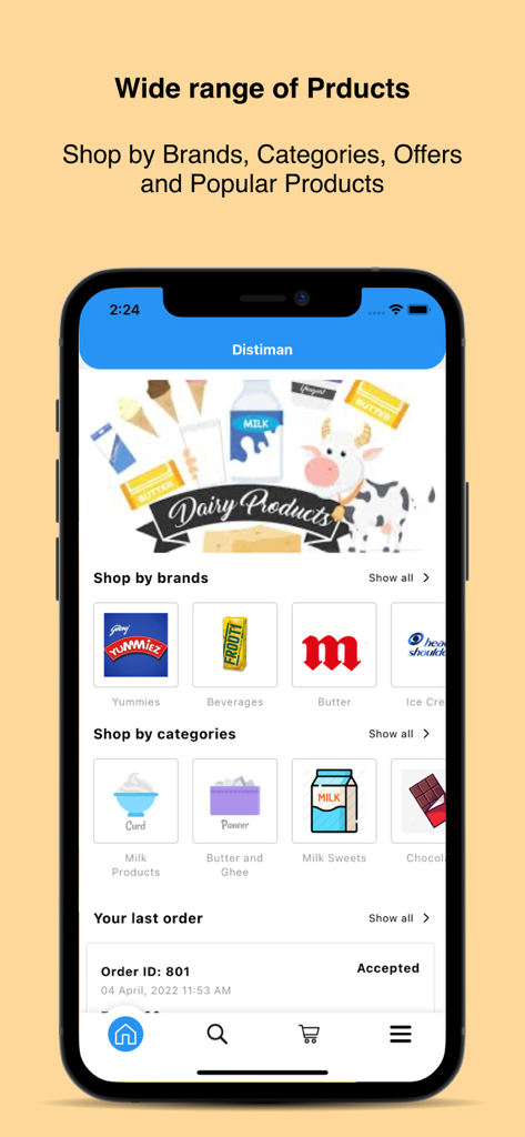 Bizom one (Distiman) - Bizom one mobile app interface for small business owners to browse brands and track orders