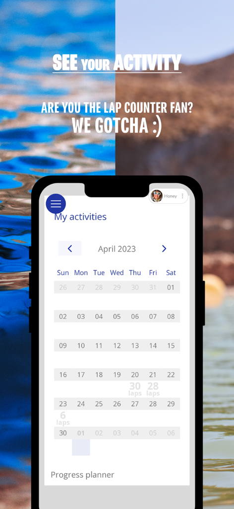 A smartphone screen displaying the Grabby app's activity calendar with lap counts for swimming tracking.