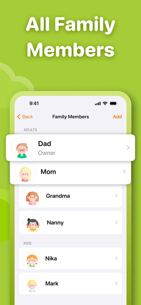 Neat Kid: Daily Kids Chore App - Interface of Neat Kid app showing the profiles of family members including parents caregivers and children