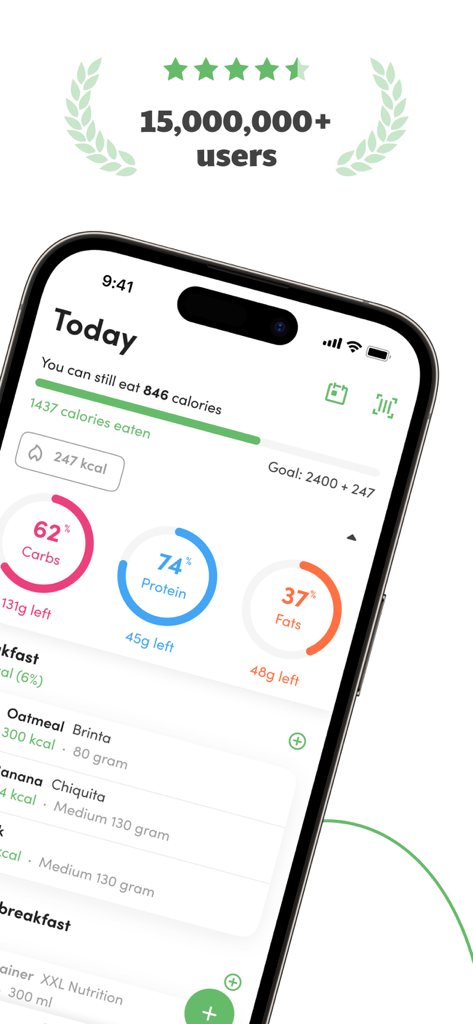 Calories and nutrition tracker - Panel de la aplicación Virtuagym Food que muestra el conteo de calorías y el seguimiento de macronutrientes para carbohidratos, proteínas y grasas con una lista de comidas registradas.