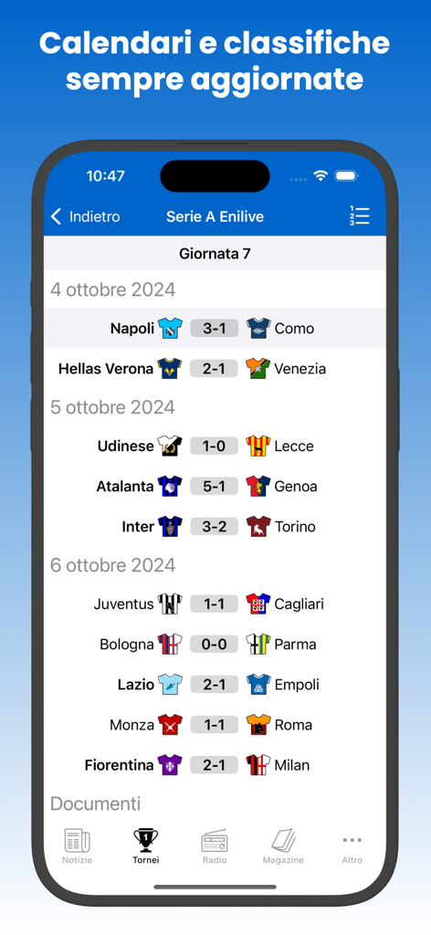 Tutto Napoli - Interface do aplicativo Tutto Napoli mostrando os resultados e placares dos jogos da Serie A.