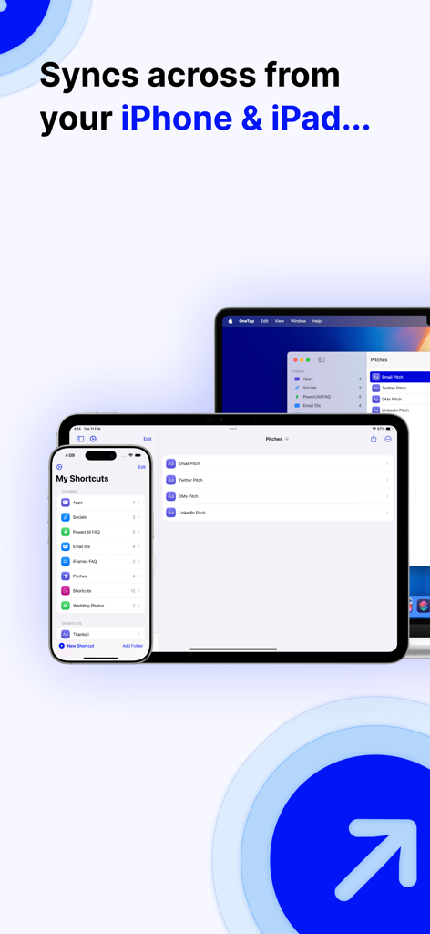 Zwischenablage-Manager OneTap-App-Oberfläche synchronisiert über iPhone, iPad und Mac