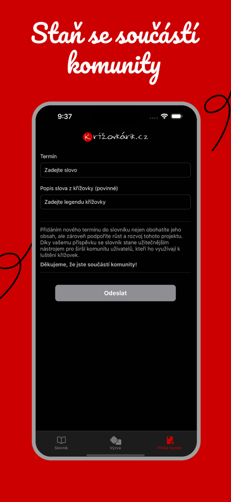 Křížovkářský slovník - Captura de pantalla de la pantalla de contribución donde los usuarios pueden agregar nuevos términos y descripciones de crucigramas al diccionario comunitario.