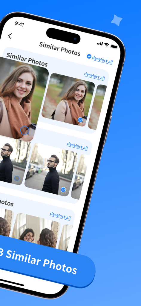 Cleaner Suite:Clean up Storage - Cleaner Suite app interface showing similar photos grouped together for easy deletion and storage management.