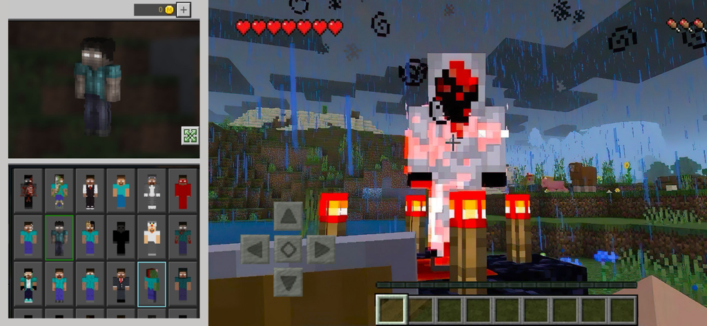 Minecraft PE skin selection menu and a scary character in a rainy environment