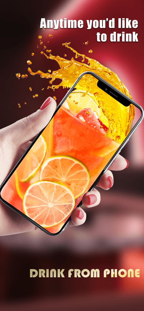 A hand holding a smartphone with a virtual fruit drink and lemon slices on screen