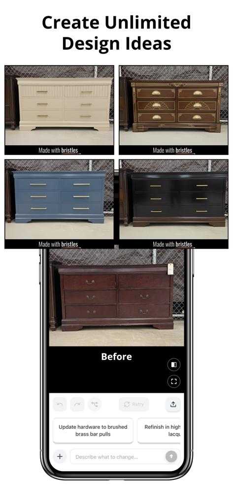 Comparaison montrant une photo avant d'une commode aux côtés de plusieurs maquettes de design générées par IA dans différentes couleurs et styles