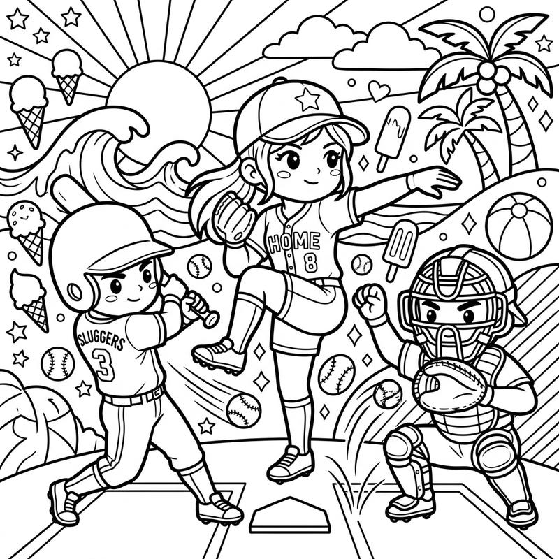 Get ready for an exciting game with this dynamic baseball players coloring page, set against a vibrant summer backdrop. Capture the thrill of the season as you bring these action-packed scenes to life with your favorite colors.