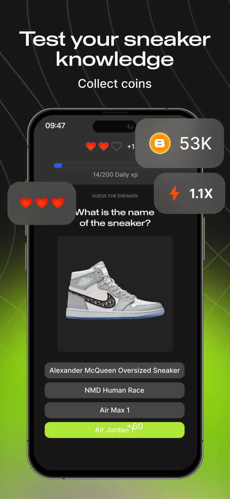Mobile game screen showing a sneaker identification quiz with an Air Jordan shoe